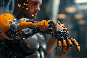 Closeup of a Man Wearing an Advanced Robotic Arm in a Futuristic Industrial Setting