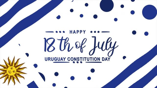 Happy Uruguay Constitution Day Text Animation with Uruguay Flag Background. Celebrate Happy Uruguay Constitution Day on 18th of July. Great for celebrating Happy Uruguay Constitution Day.