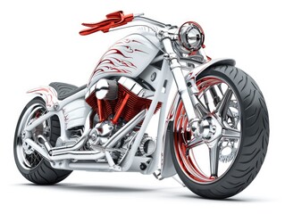 Custom Engine. Red and White Chopper Bike with Isolated Wheel in Sport Concept