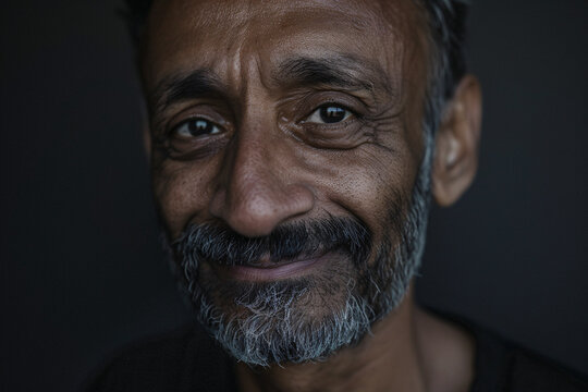 Close-up portrait of an elderly man with a grey beard, smiling warmly against a dark background, showing deep wrinkles and emotion in his eyes and face.