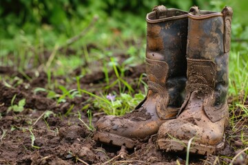 Fototapeta premium Dirty Work Boots. Muddy Gardening Boots in Earth Tones for Horticulture Work