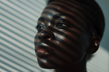 A mysterious figure stands with a shadow pattern cast in diagonal lines, creating a striking interplay of light and dark, symbolizing intrigue and modern creativity.