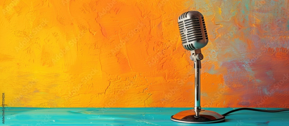 Poster microphone placed on table with copy space image near colorful wall