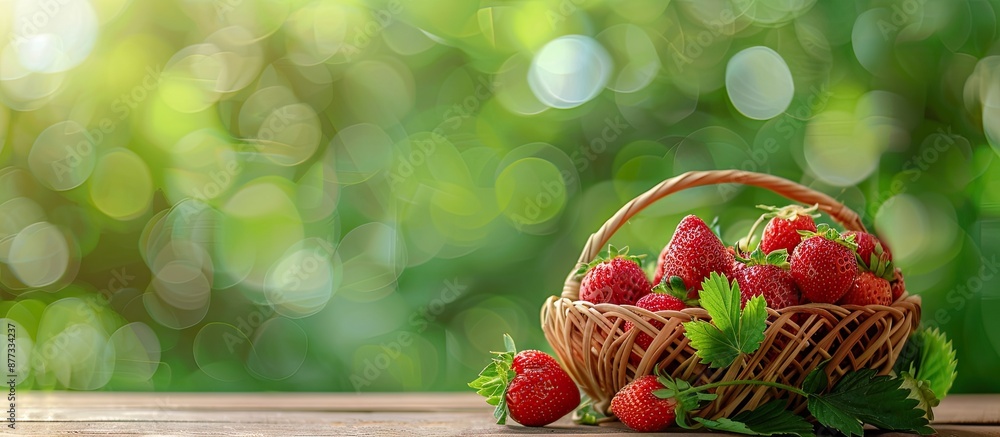Poster a basket of fresh strawberries on a wooden table with a blurred green background offering a clear sp