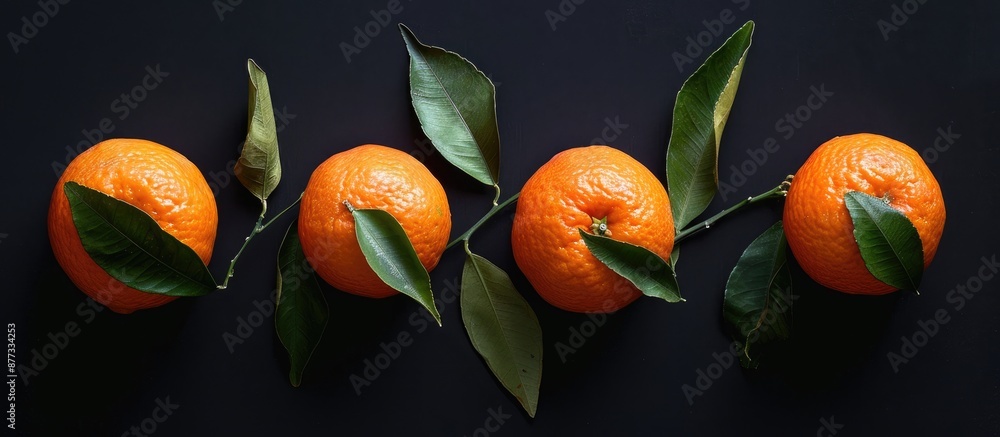 Poster four ripe tangerines with leaves arranged neatly on a black backdrop providing ample copy space for 