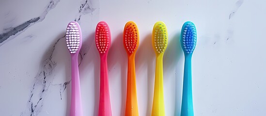 Flat lay showing four vibrant plastic toothbrushes in different colors on a white bathroom countertop with a concept of creative dental care and healthy sugar consumption with copy space image