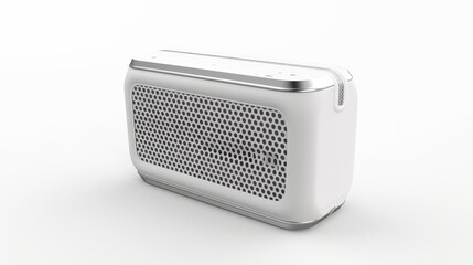 Fototapeta premium White Portable Bluetooth Speaker with Silver Trim on White Background