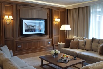 Hotel TV. Cozy Living Room with Wooden TV Set, Sofa, and Bright Curtains