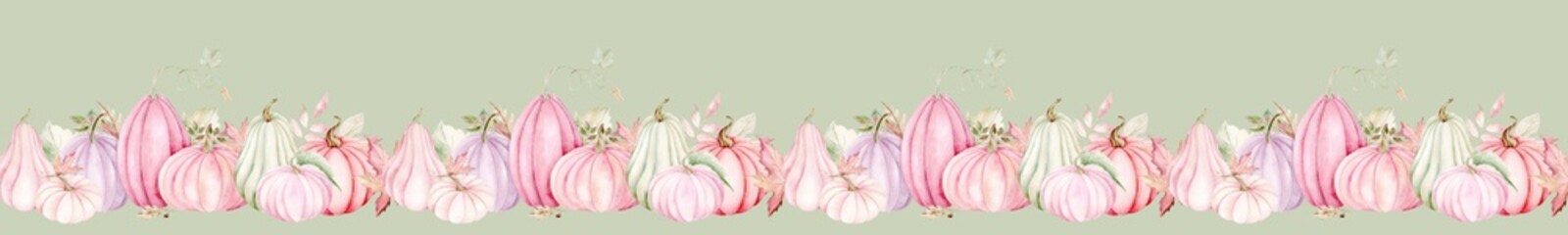 Pumpkins, flowers and leaves border. Watercolor illustration on an olive background. The drawing is hand drawn. Suitable for cards, invitations and textiles.