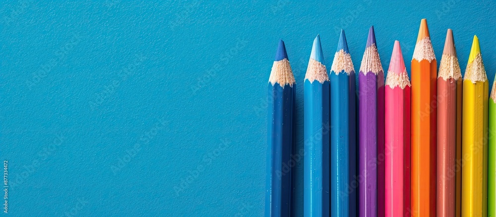 Poster a top down close up shot of diverse colorful pencils neatly arranged in a row on a blue background p