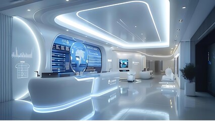 A sleek and modern reception area of a futuristic high-tech medical facility, featuring advanced digital displays and innovative design.