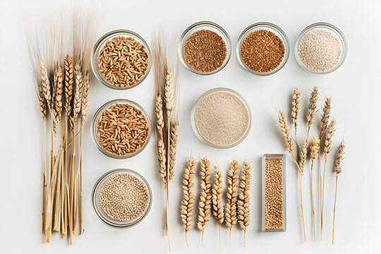 Wheat spikelets, grain, rye and gluten-free flour on white background. Top view