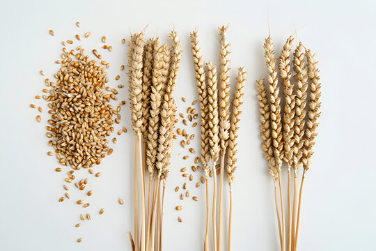 Wheat spikelets and grain isolated on white background. Top view