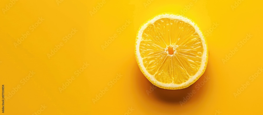 Poster juicy lemon slice on a yellow backdrop with copy space image for text