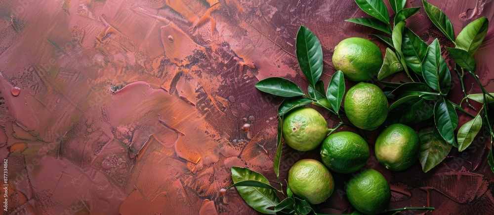 Aufkleber overhead view of ripe limes with leaves on a vintage backdrop providing copy space for text in the i