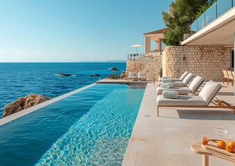 Fototapeta premium Luxury Villa with Infinity Pool Overlooking the Mediterranean Sea