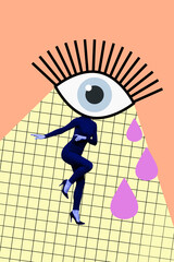 Vertical collage young headless woman dance giant eye supervision stare watch peek espionage...