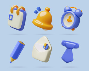 3d office and business vector icons collection. Bell, clock, calendar, mail, tie and pencil three dimensional isolated objects. 