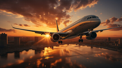 Airplane at the Airport on the runway with the Sunset.