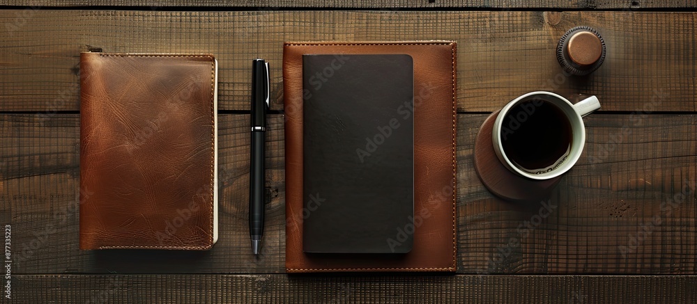Poster flat lay view of a leather desk table in an office set up with a notepad coffee pen and pencil allow