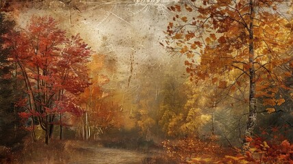 Fototapeta premium Enchanting autumn forest scene with misty atmosphere and vibrant fall foliage, creating a serene and picturesque landscape.