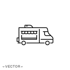 food truck icon, fast food car, ice cream festival on wheels, thin line symbol isolated on white background, editable stroke eps 10 vector illustration
