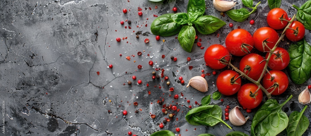 Poster cherry tomatoes spinach garlic and spices arranged on a concrete surface with a view from the top su