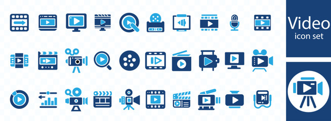 Video icon set. Containing camera, play, pause, media, online video, live, production, player, movie and cinema icons. Solid icon collection
