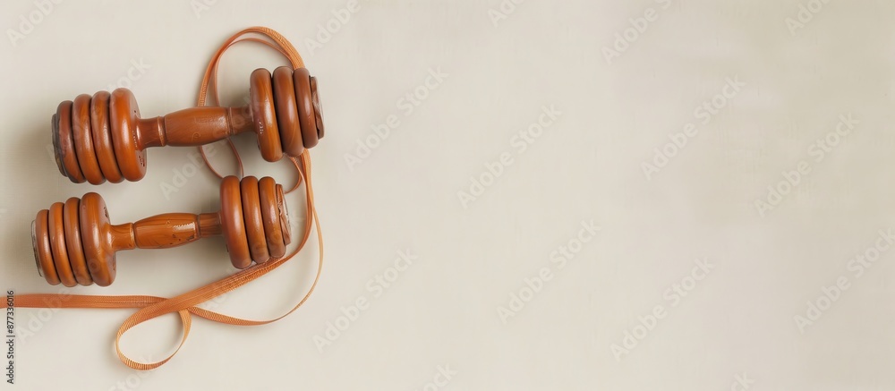 Poster view from above of small dumbbells and a rubber band on a blank background for text in the image. co