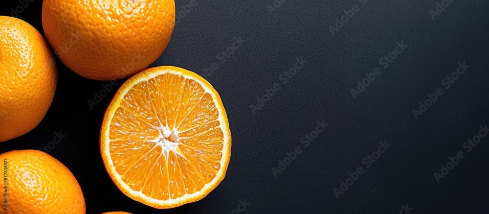 Poster oranges against a black background with space for text or graphics ideal for showcasing. copy space 