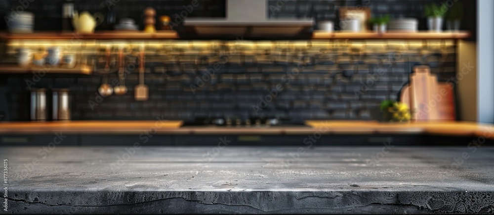 Poster abstract blurred kitchen background with a stone board on an empty table provides a copy space image