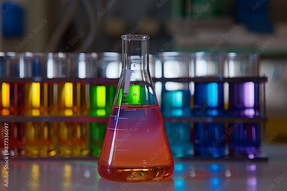 Poster scientific glassware filled with multicolored fluids in a lab setting