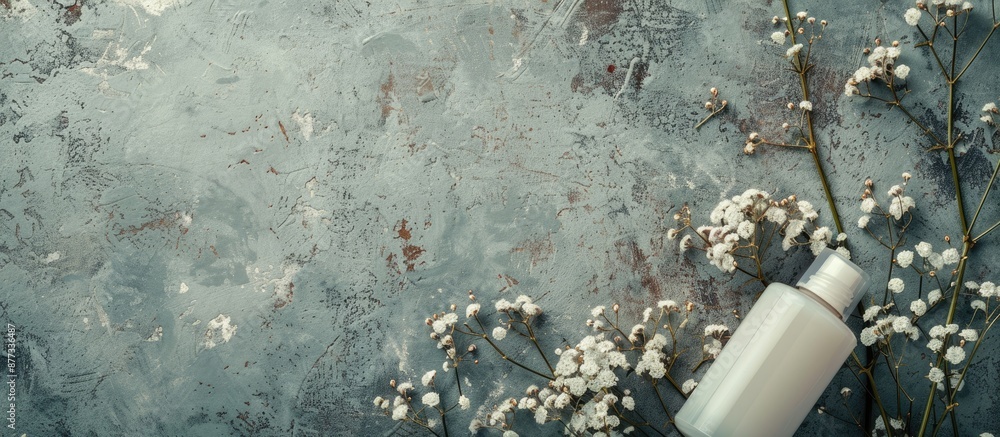 Poster grunge background with deodorants and flowers with copy space image