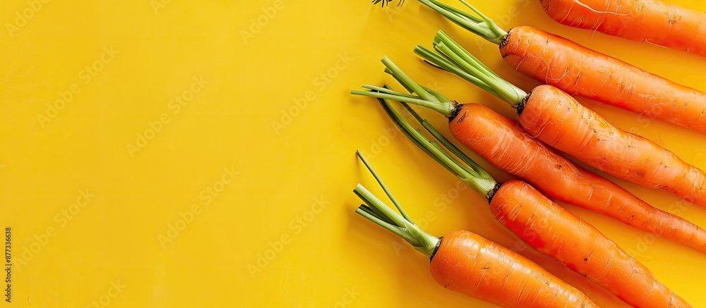 Poster flat lay composition featuring fresh ripe carrots on a yellow backdrop with copy space image