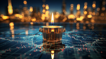 A Lone Candle Burns Brightly Against the Backdrop of a Bustling Cityscape, Casting a Warm Glow on a Map with Intricate Lines and Glowing Dots