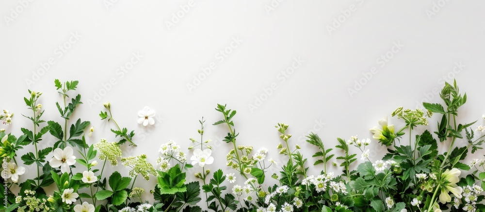 Sticker Green flowers used as decoration on a white backdrop with copy space image