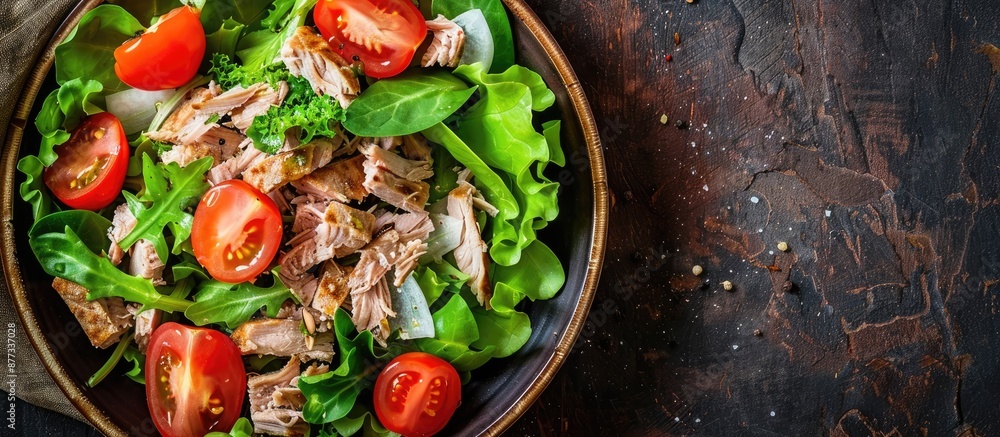 Poster healthy eating option a salad with tuna tomatoes and green leaf lettuce arranged as an appetizing me