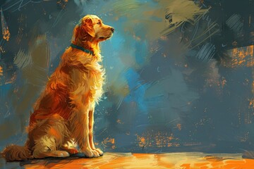 Golden Retriever Dog Sitting in Artistic Light with Colorful Abstract Background