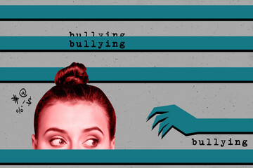 Composite photo collage of panic girl hide hand bullying abuse society problem insult stereotype...