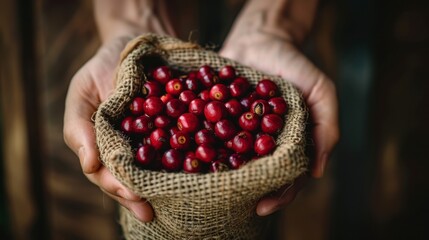 A close-up of hands holding a burlap sack filled with ripe, red coffee beans