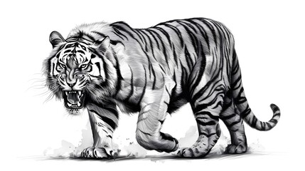 Fototapeta premium A tiger is walking on a white background with a fierce look on its face