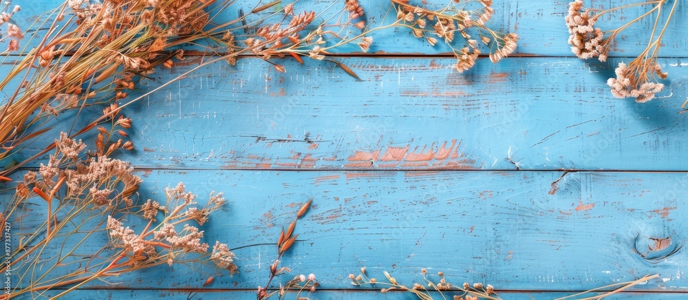 Poster top down view of dried flowers and grass on a blue wooden table with a blank timetable mockup and sp