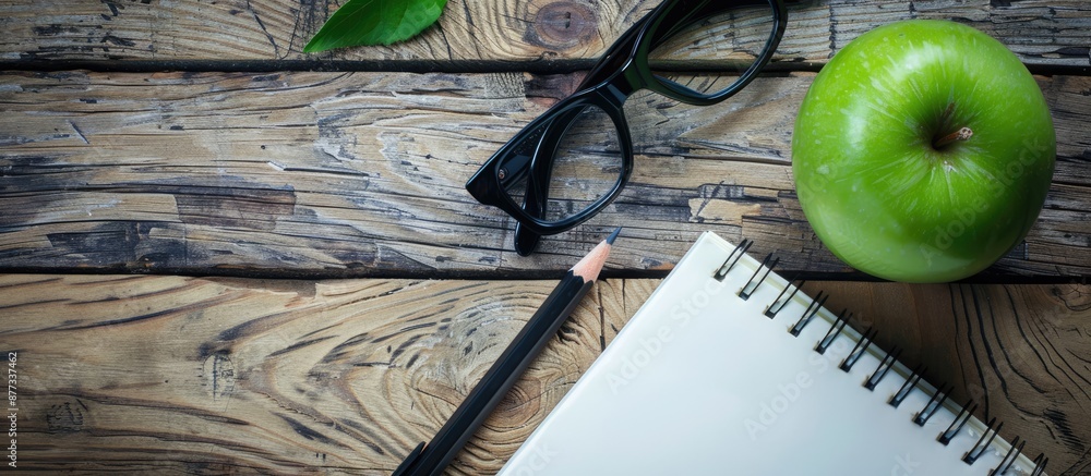 Poster items such as a black pencil black eyeware a green apple a white notebook computer and a notebook ar