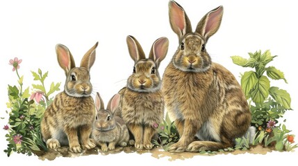 Fototapeta premium A rabbit family in a garden, handpainted, springtime theme, isolated on white background
