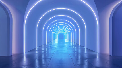 Obraz premium 3D rendering of blue and purple neon light arch indoor space