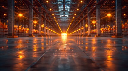 Industrial Warehouse with Warm Lighting - Generative AI