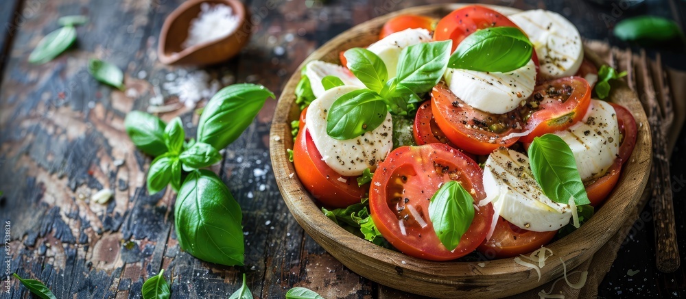 Poster a healthy meal with mozzarella tomato and lettuce on a rustic background with copy space image suita