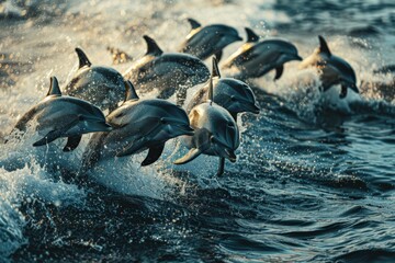 Fototapeta premium Group of Dolphins Leaping Out of Ocean Waves at Sunset in Stunning Natural Wildlife Scene