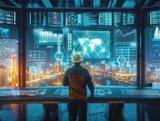 Engineer in holographic control room, managing smart city infrastructure, large screens with urban data and models