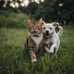 A cat and a dog playing together in a grassy field


